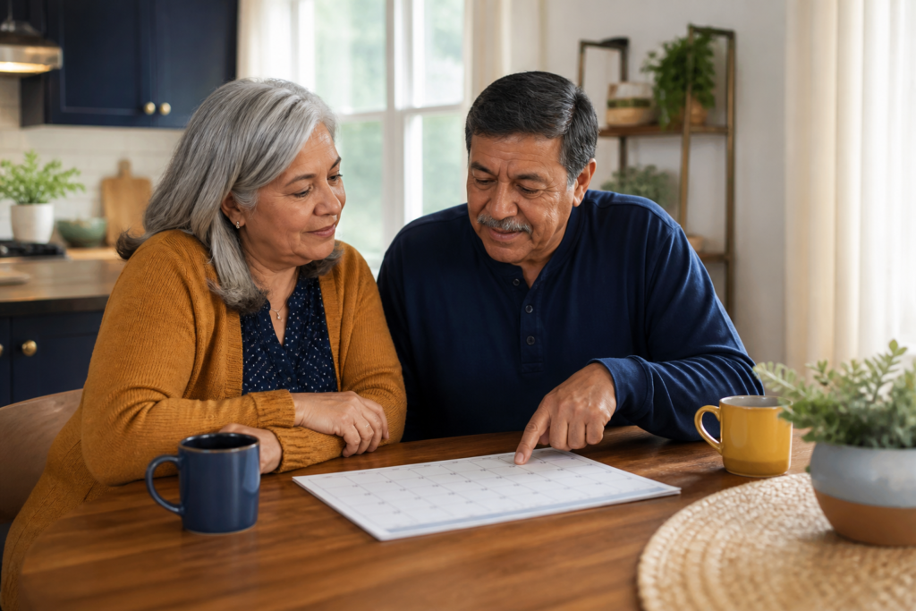 Older couple reviewing a calendar together at home