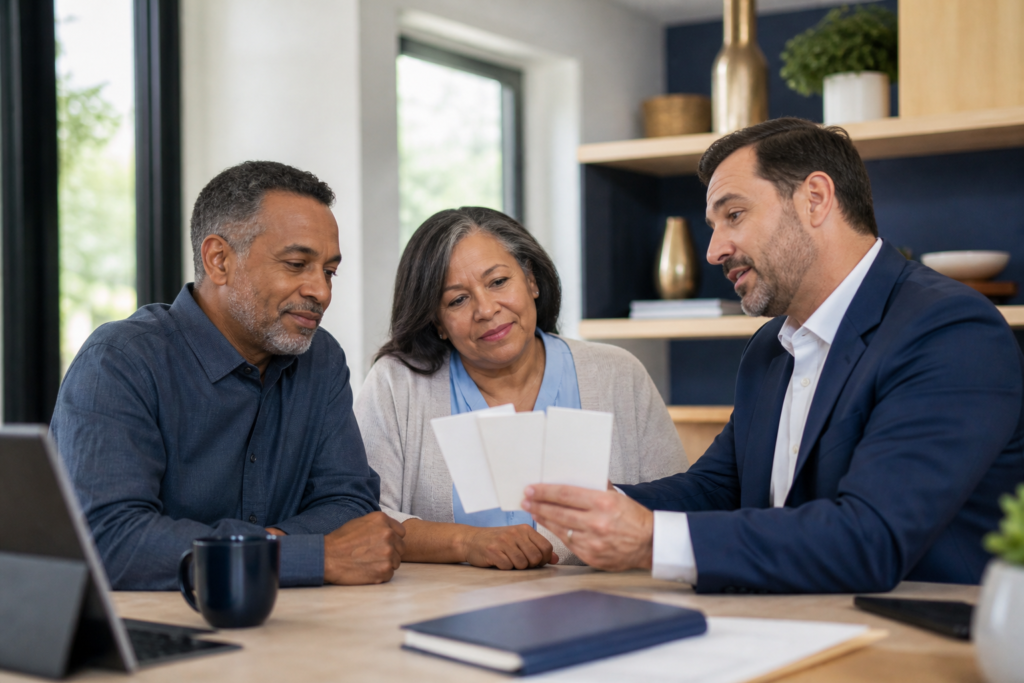 Licensed Medicare advisor helping an older couple compare coverage options