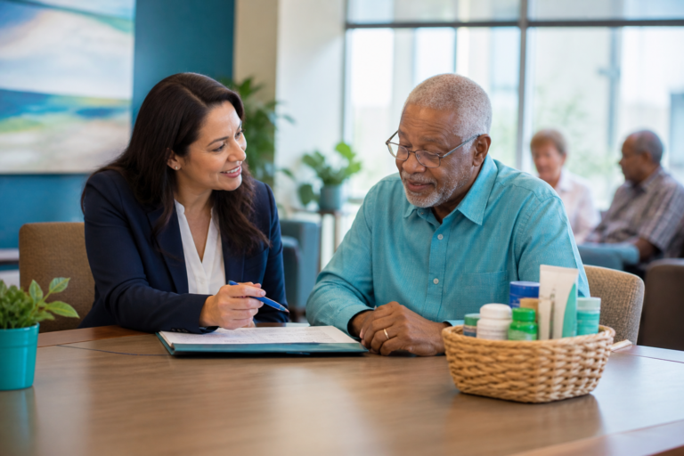 Older adult reviewing Medicare and Medicaid dual-eligible benefits with an advisor