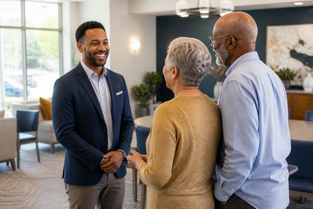 A Gala Health agent welcoming older adults for a Medicare conversation