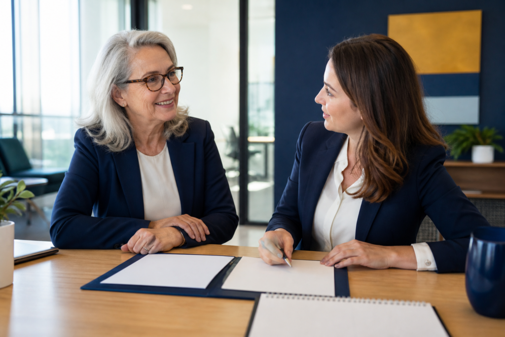 Older employee discussing workplace benefits before making Medicare decisions